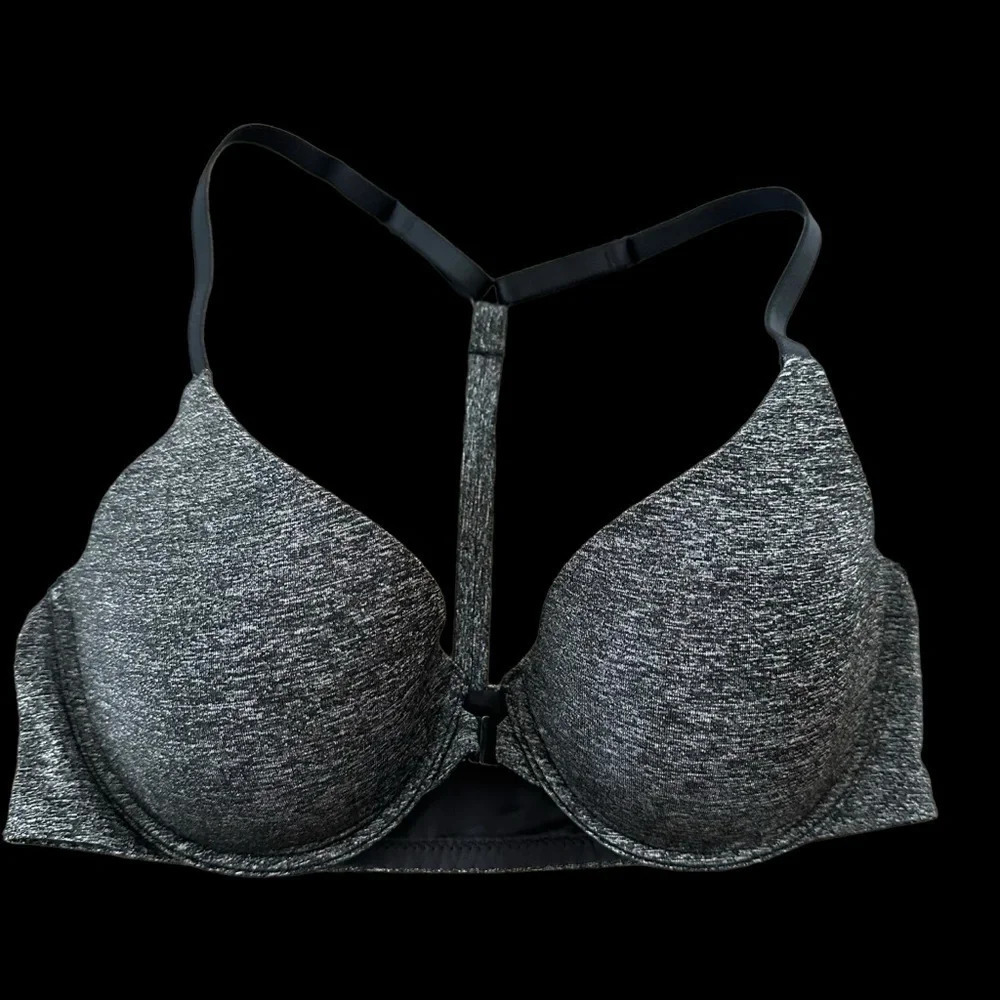 Victorias Secret 34C Racerback Semi Demi Front Close Bra Underwire Heather Black